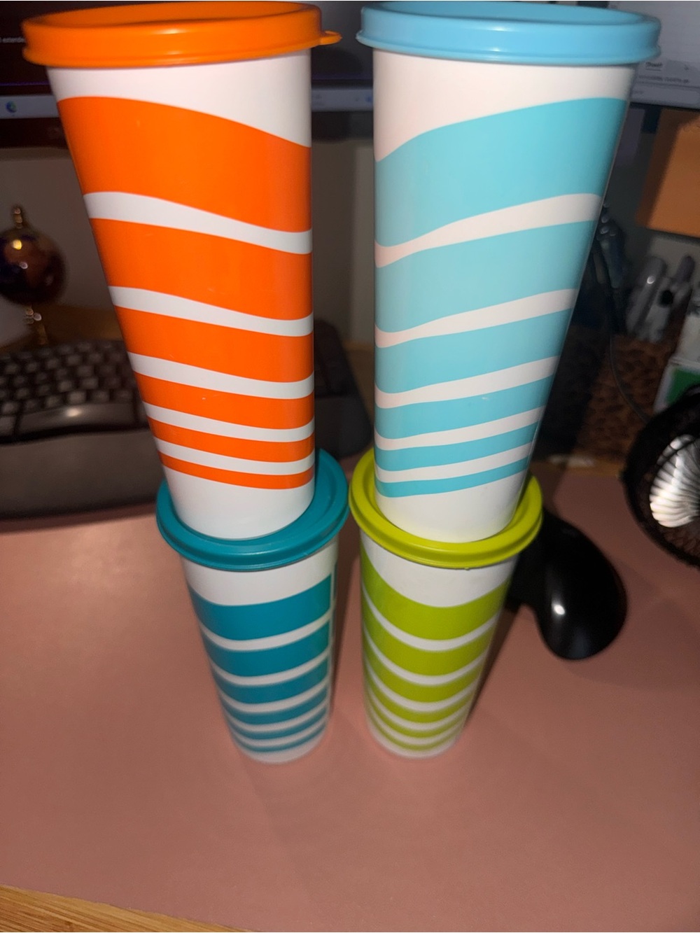 Vintage Tupperware Striped Tumblers w/ Lids Retro Pastel 4 Cup Set